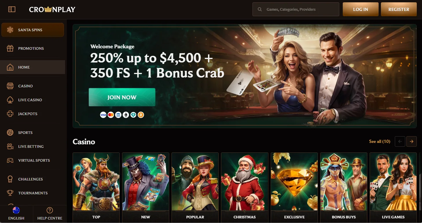 Crownplay frontpage with their 250% welcome bonus and top casino games