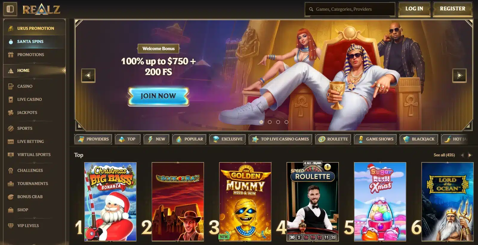 Realz frontpage with banner showcasing a 100% welcome bonus and their top games